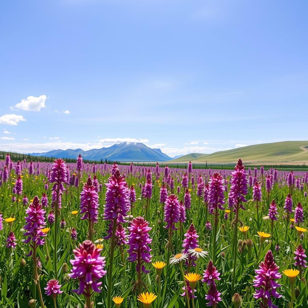 Purple Fireweed Meadow in Denali Under Bright Summer Sky