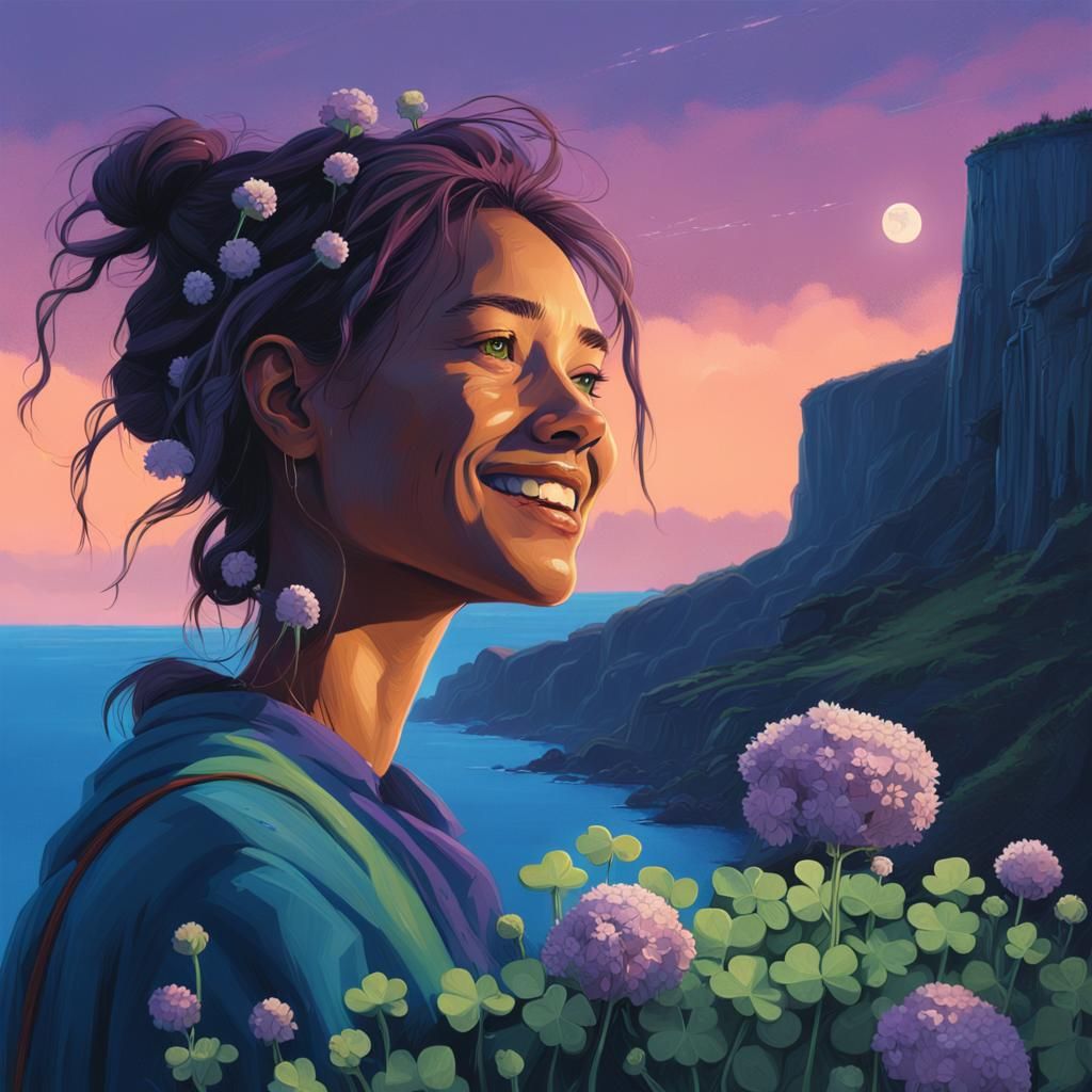Moonlit Woman with Clover: Fantasy Realism Portrait