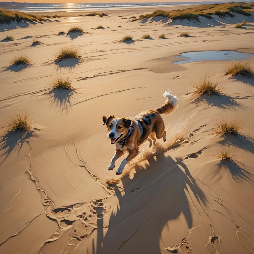 Dog Running on Water Dunes: Impressionist Oil Painting