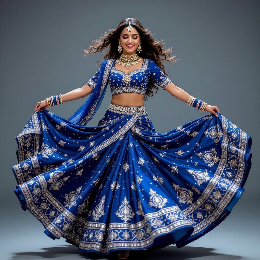Indian Woman Dancing in Blue Lehenga with Flowing Fabric