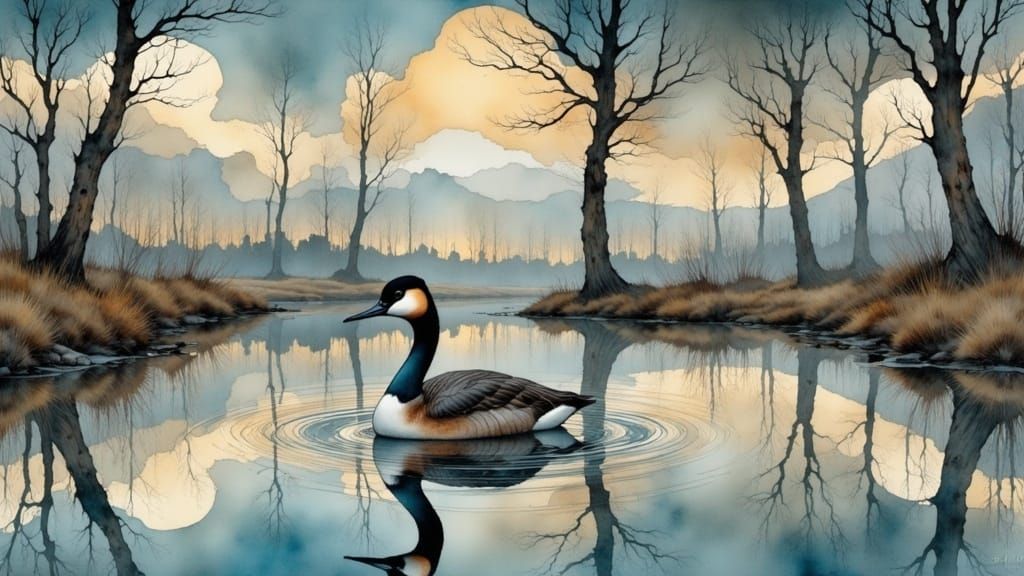 Surreal Grebe in Winter Whimsy - Painterly Style
