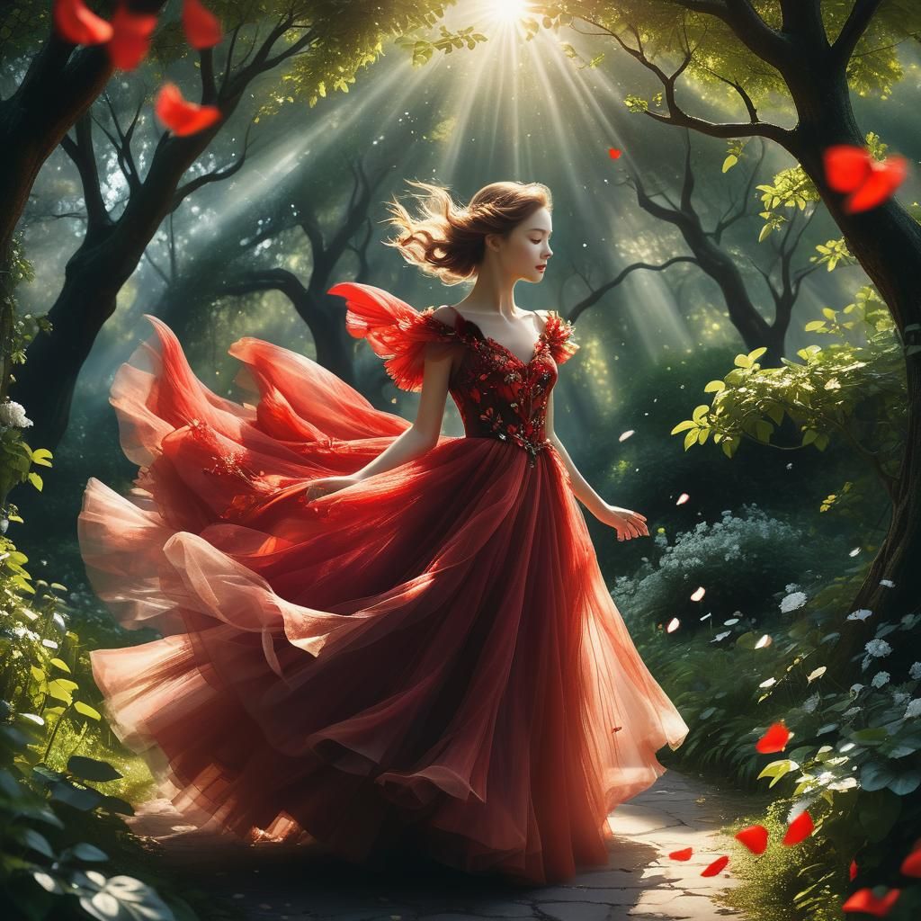 Red Tulle Dress Floats in Lush Garden
