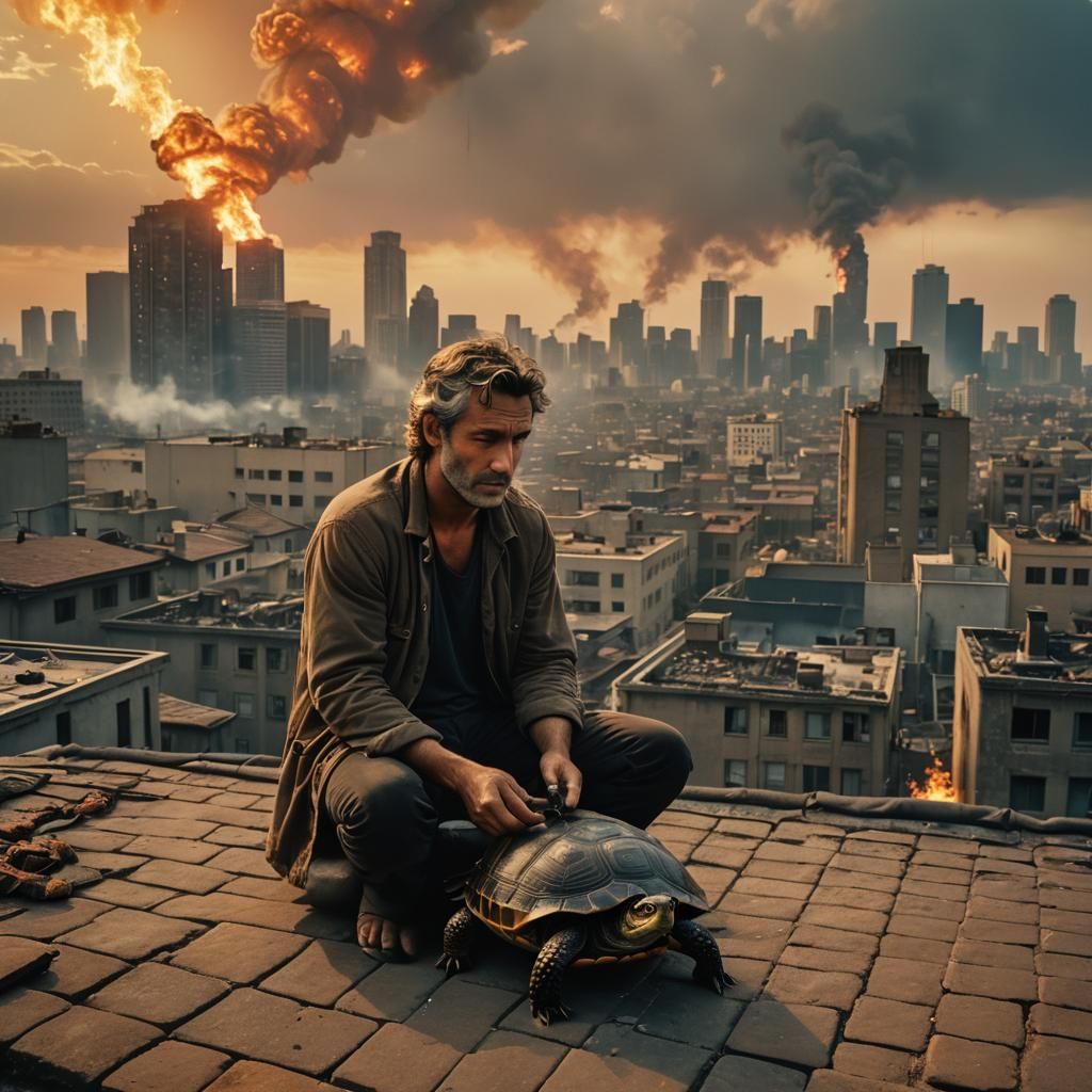 Man on Roof with Turtle Amidst Fiery Sky