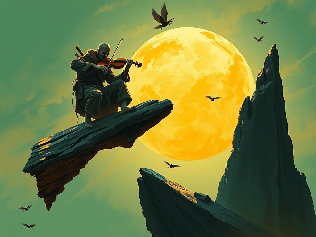 Ethereal Violinist on Floating Rock, Digital Painting