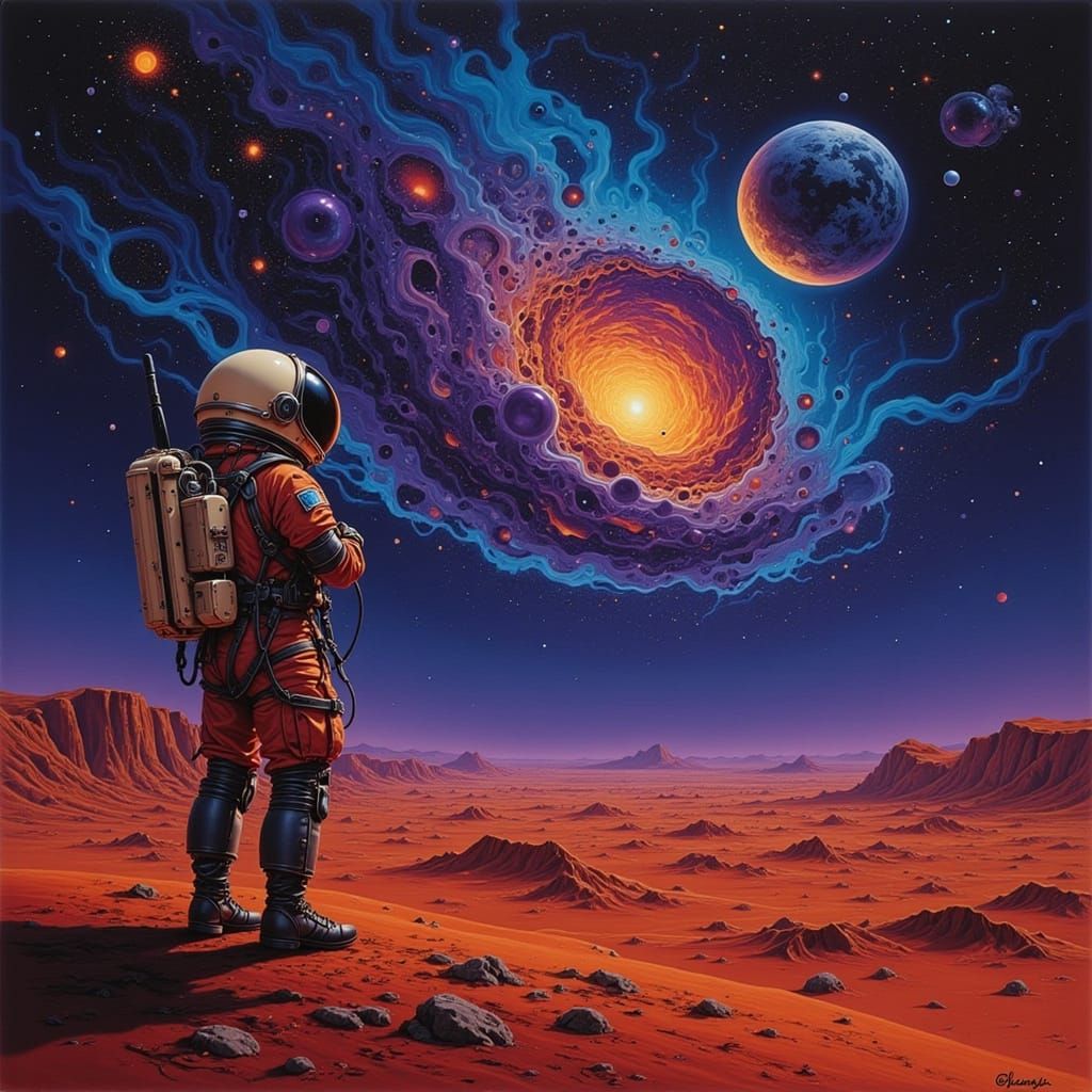 Astronaut on Mars Gazing at Vibrant Nebula