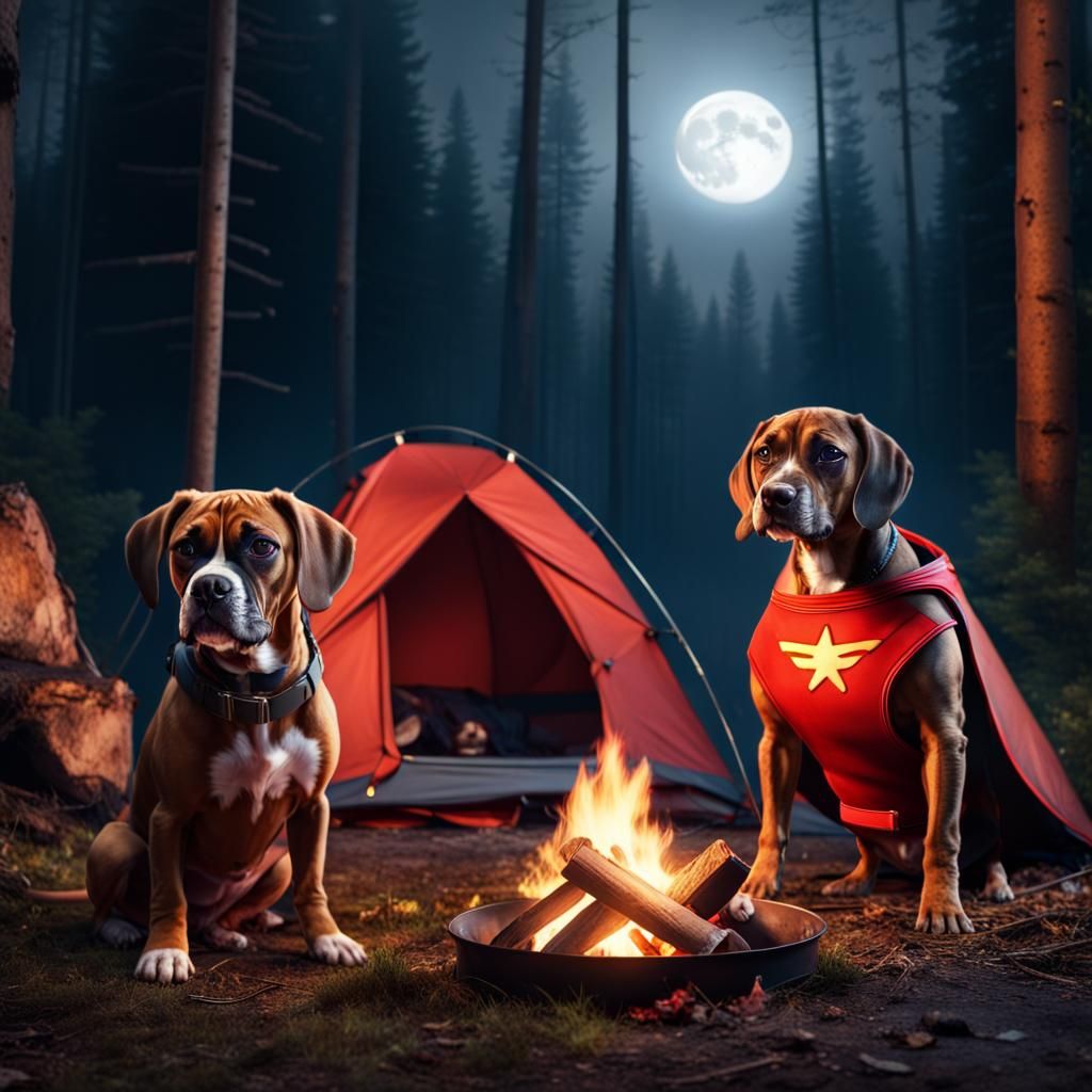 Boxer Dog Superhero and Dachshund Puppy Sidekick