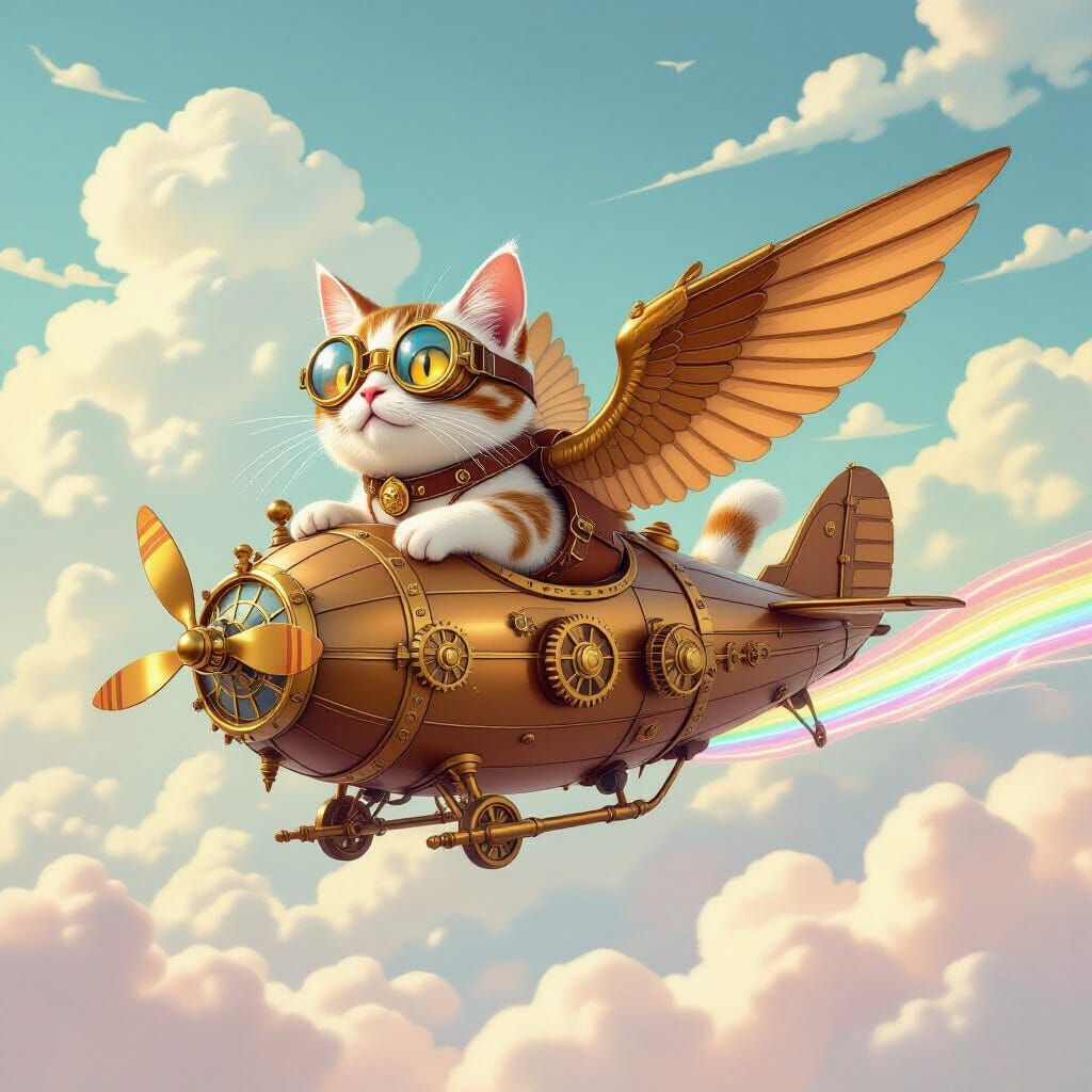 Steampunk Cat Airship Soaring Through Cotton Candy Skies