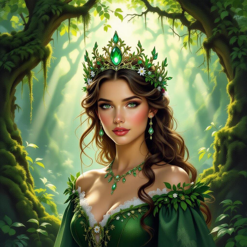 Forest Queen in Emerald Tiara, Oil Painting Style