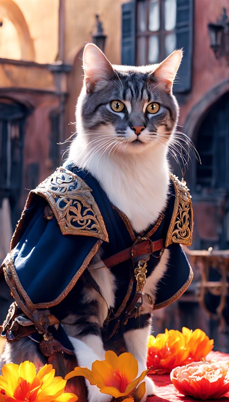 Regal Spanish Cat Wears Boots and Wields Sword in Golden Tav...