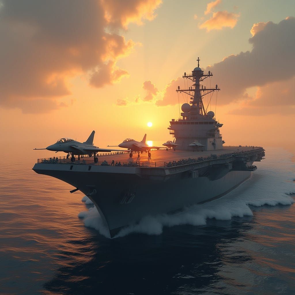Harrier Jets on Vintage Aircraft Carrier at Sunset