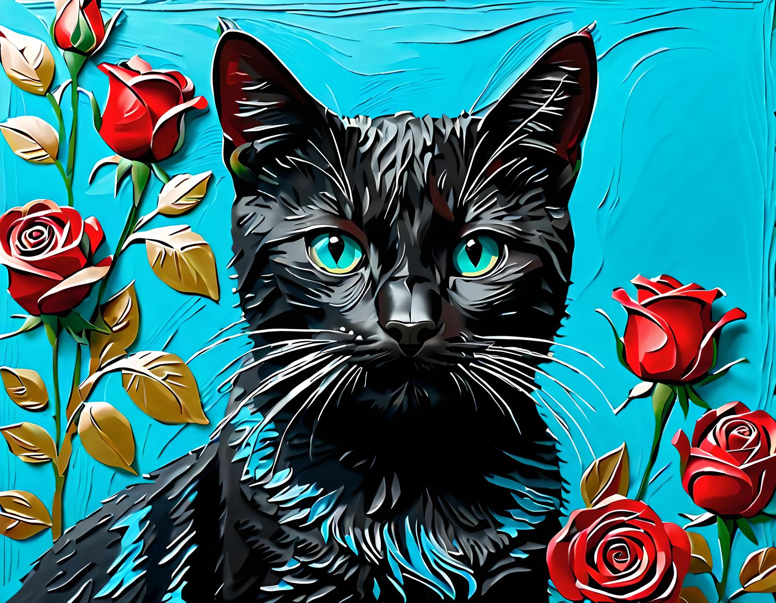 Cyan Roses and Black Cat: Impasto Painting