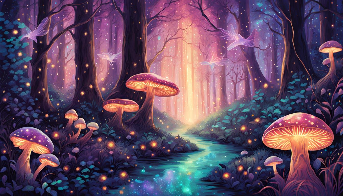 Bioluminescent Forest with Amethyst Crystals and Glowing Spi...