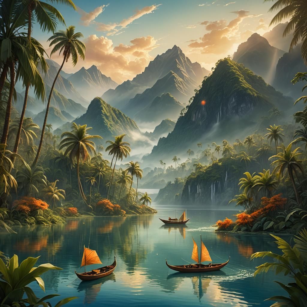 Palm Leaf Boats on Misty Mountain Lake
