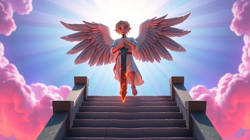Angel with Burning Sword Ascending to Heaven