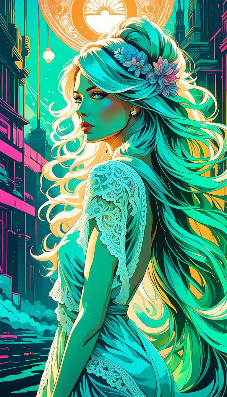 Art Nouveau Woman in Synthwave Neon Graffiti Style