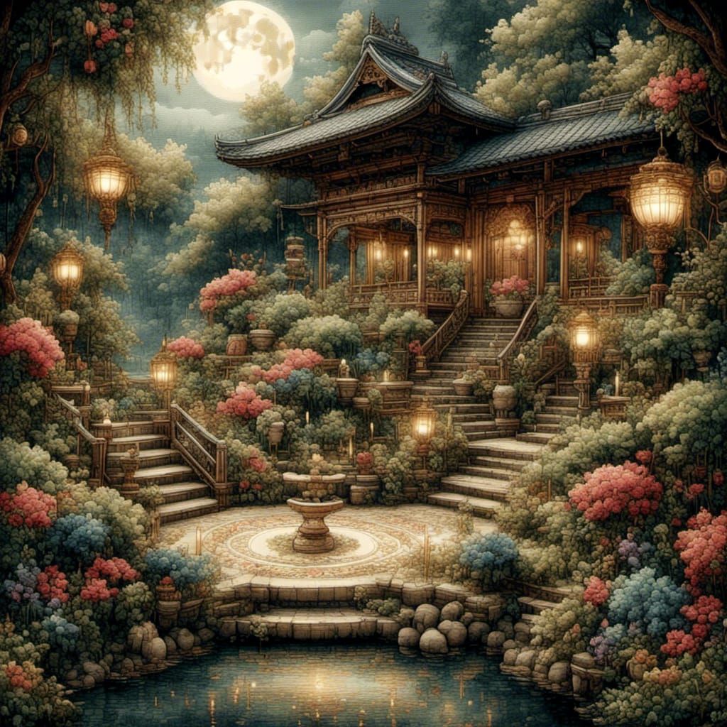 Moonlit Zen Garden in Cross-Stitch Style