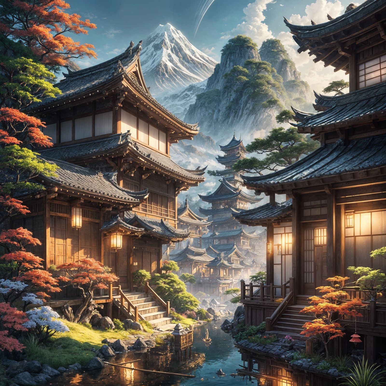 Epic Japanese Fantasy Landscape in Cyberpunk Style