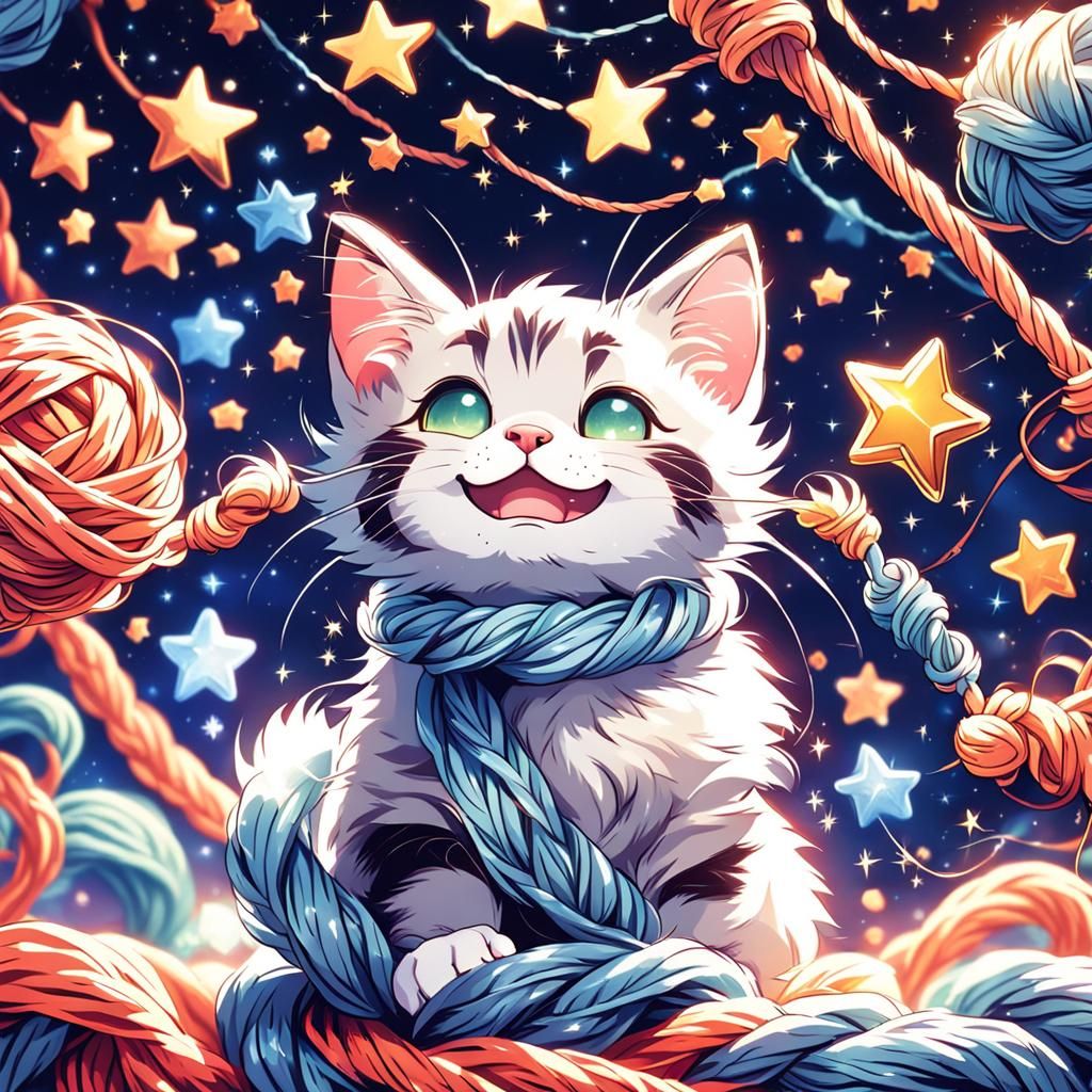 Smiling Cat with Yarn in Anime Style