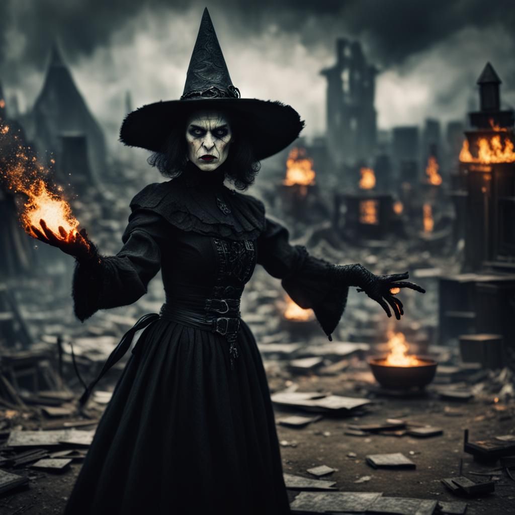 Dark Witch Practicing Magic: Impasto Dystopian Horror