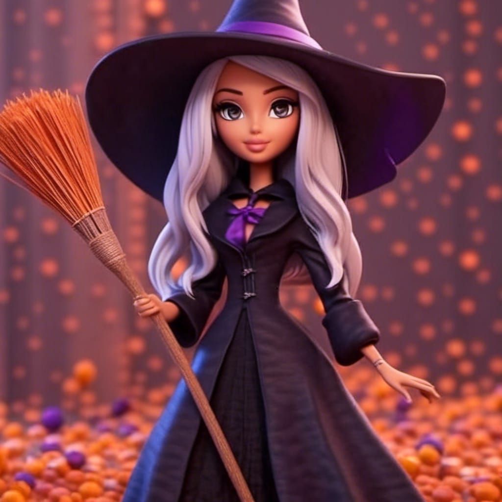 Cute Salem Witch with Hat and Broom in Pixar Style