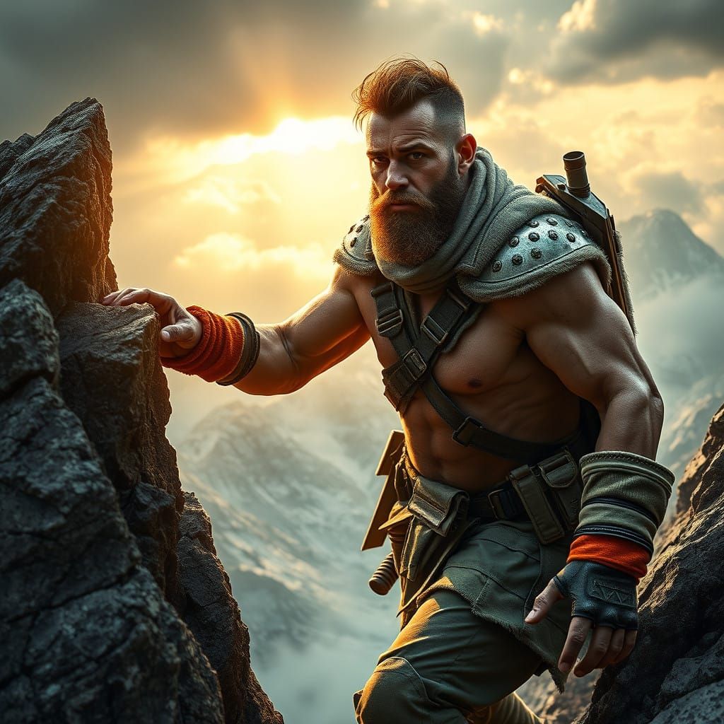 Mountain Climber in a Fusion of Modern and Medieval Gear