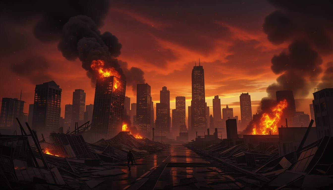 Dystopian Cityscape in Flames: Post-Apocalyptic Realism