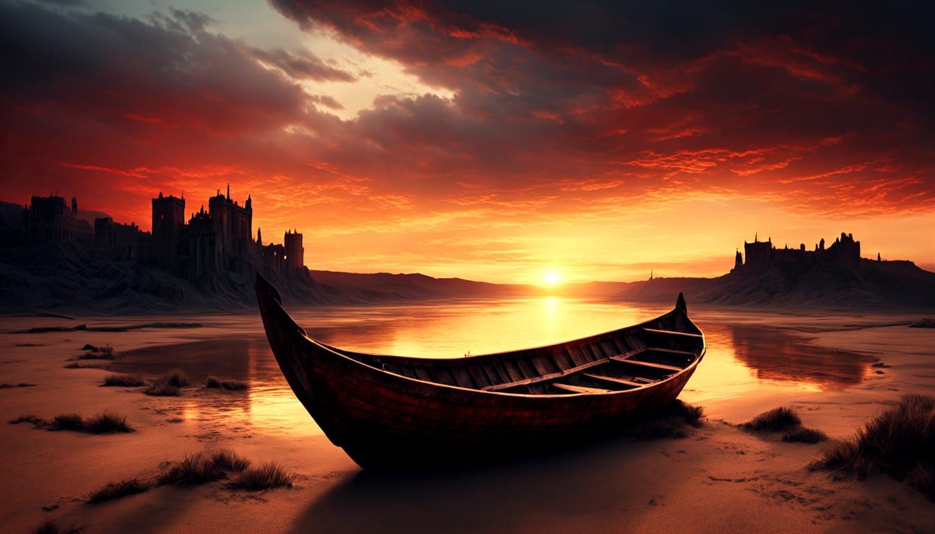 Ancient Wooden Ship Fossil on Blazing Sand Plain