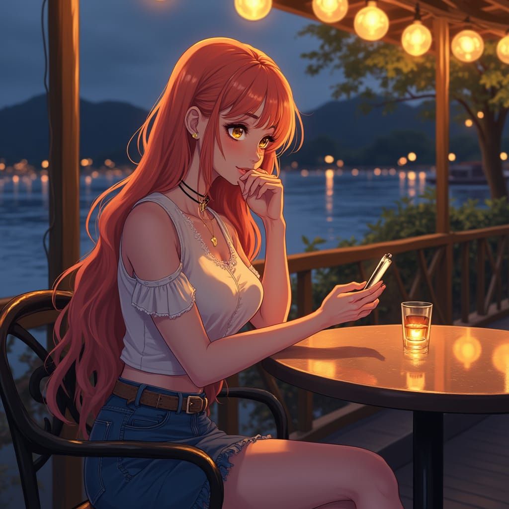 Rose-Gold Haired Woman at Lakeside Cafe