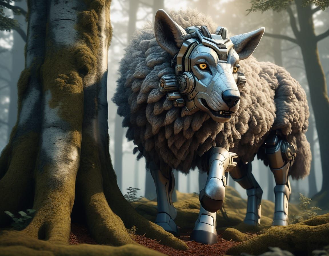 Nervous Lamb Hides from Wolf Mecha in Misty Forest