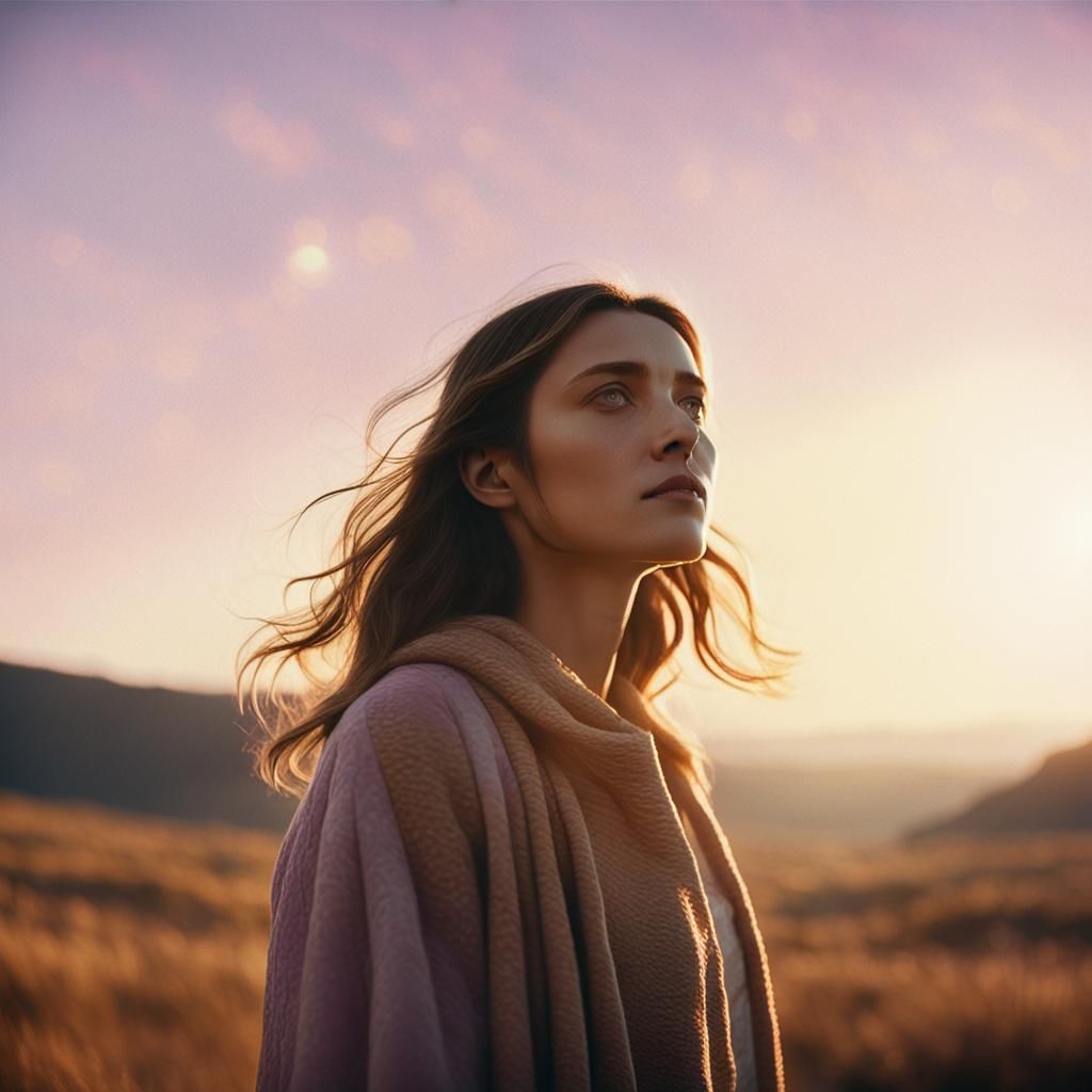 Ethereal Woman in Dreamlike Landscape: Cinematic Film Still