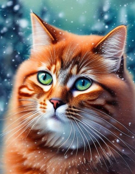 Cute Cat in Snowy Winter Landscape as Oil Painting