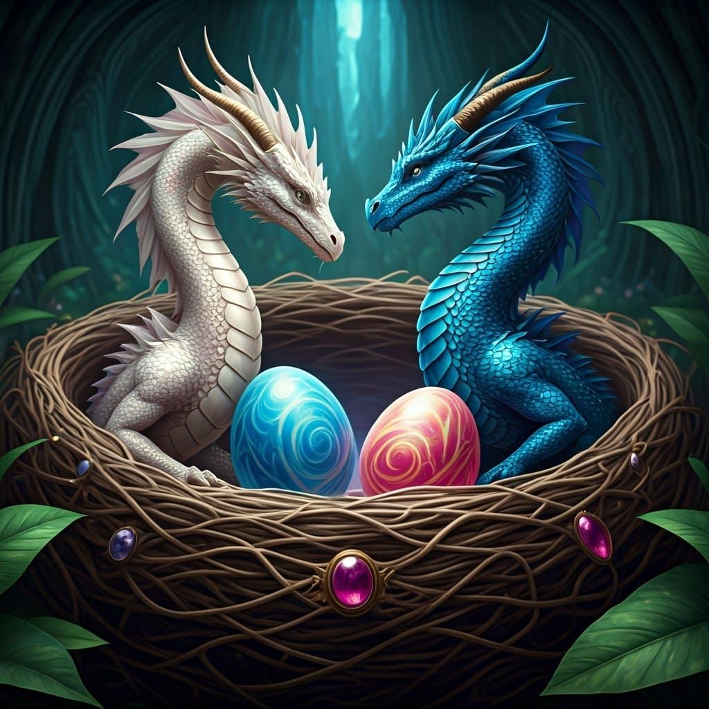 Majestic Dragons Guarding Precious Eggs in Enchanted Nest