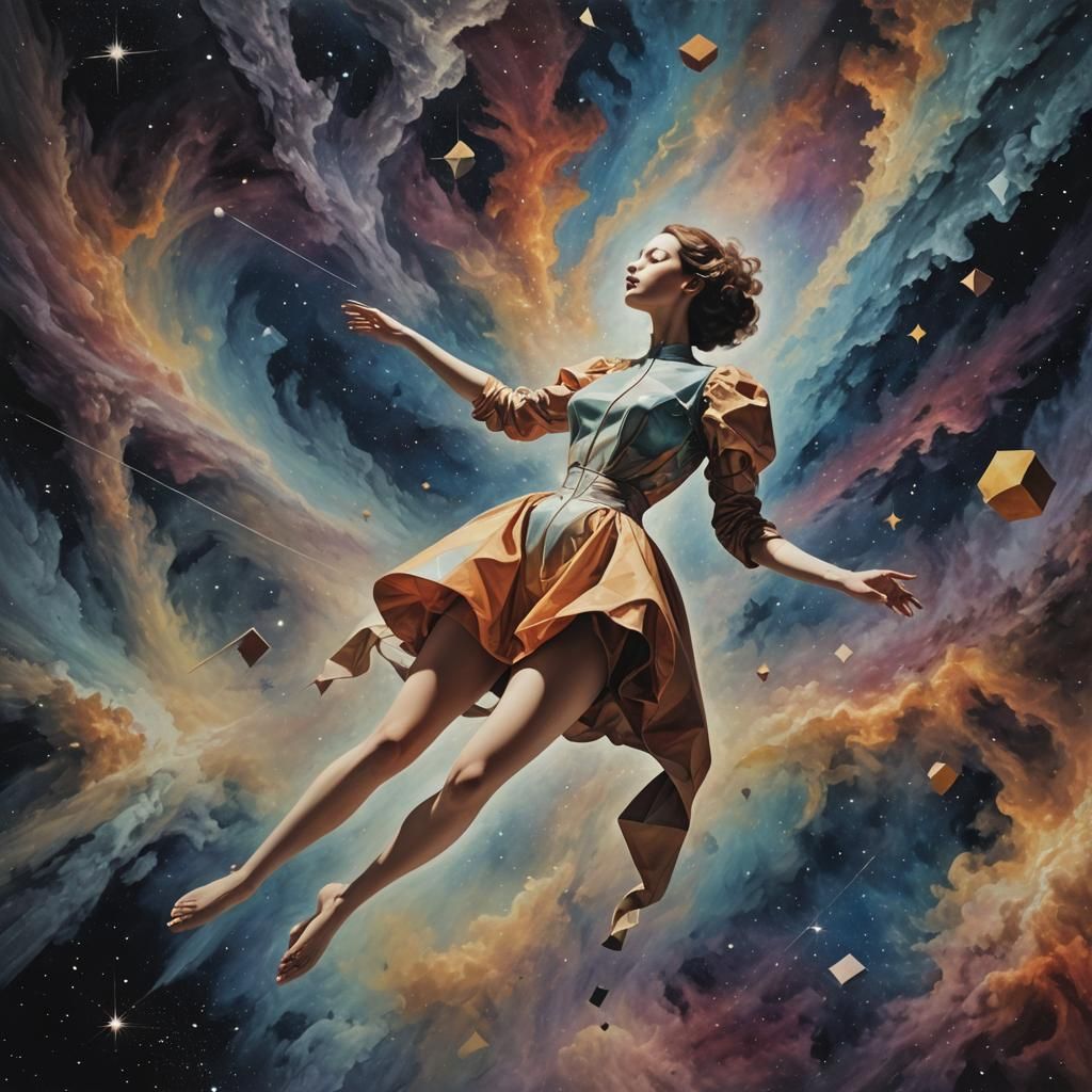 Dreamlike Surreal Woman in Space with Musical Instrument