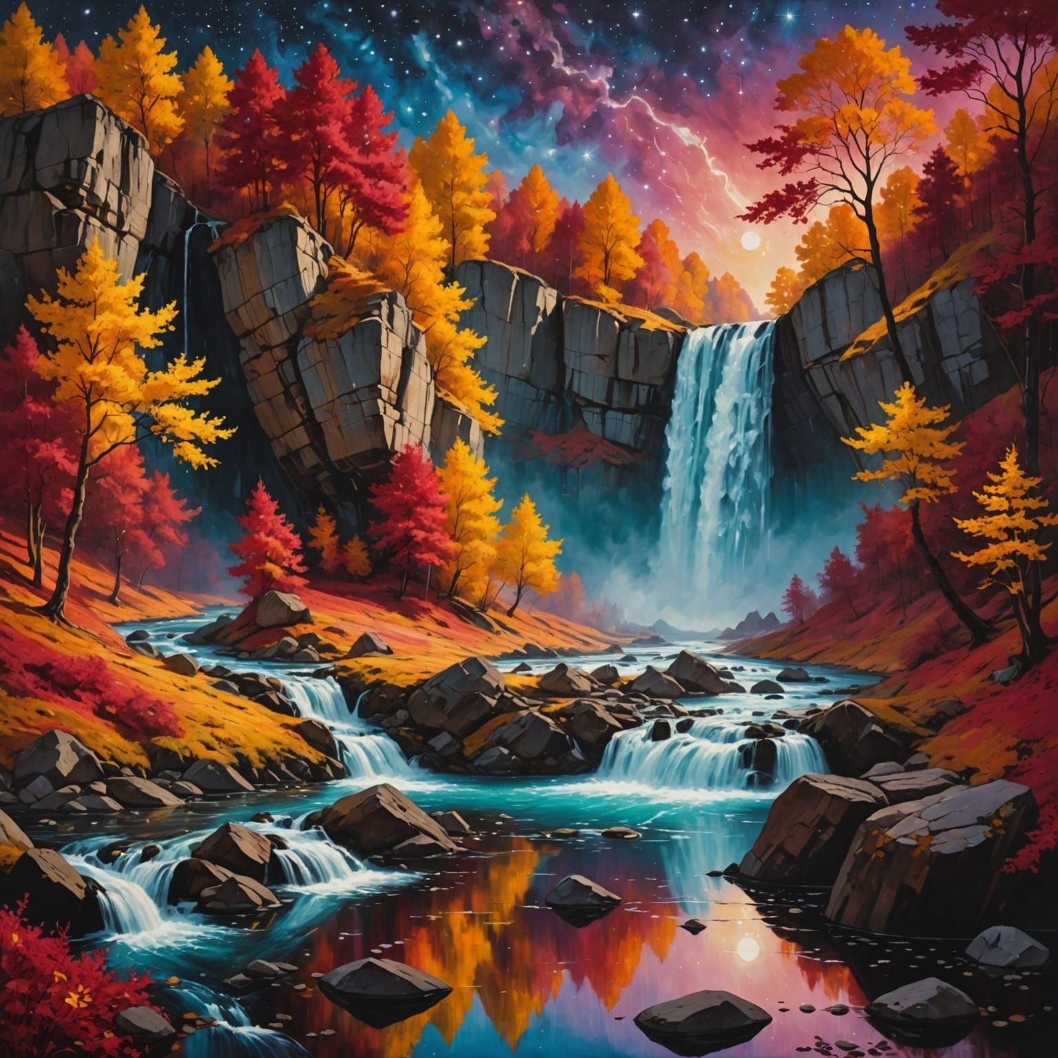 Surreal Autumn River Flows Upwards Into Starry Sky