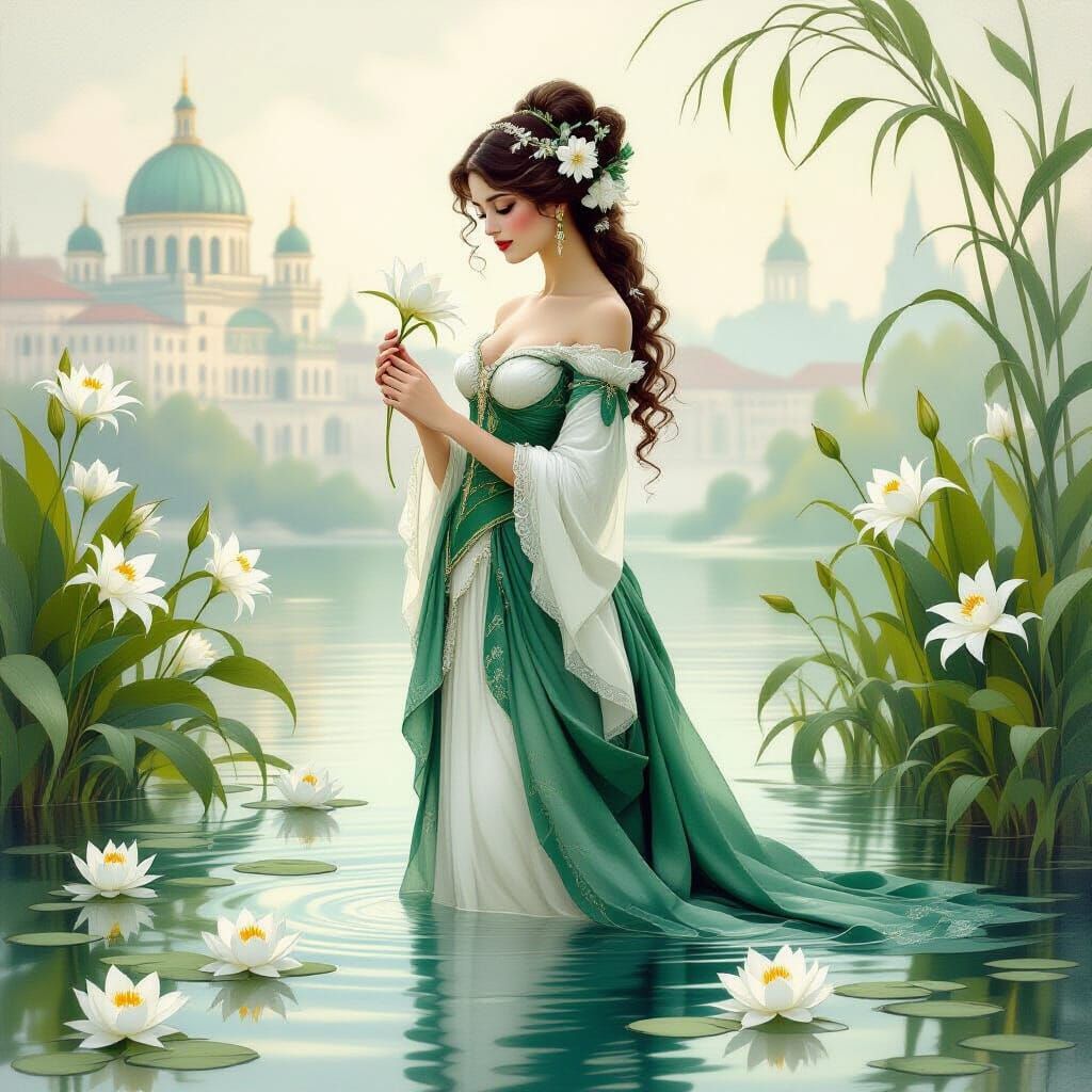 Neoclassical Painting of Woman in Emerald Dress by Water