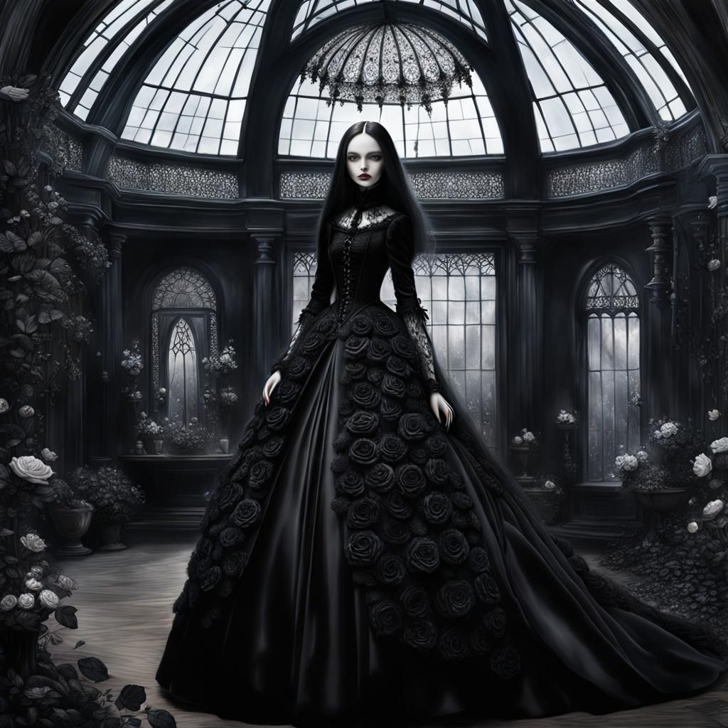 Gothic Doll Picking Roses in Winter Garden