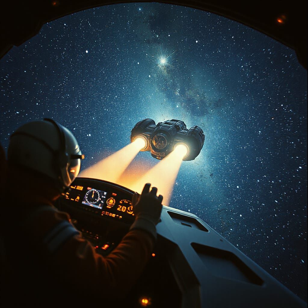 Astronaut Navigating Starry Galaxy in Spaceship