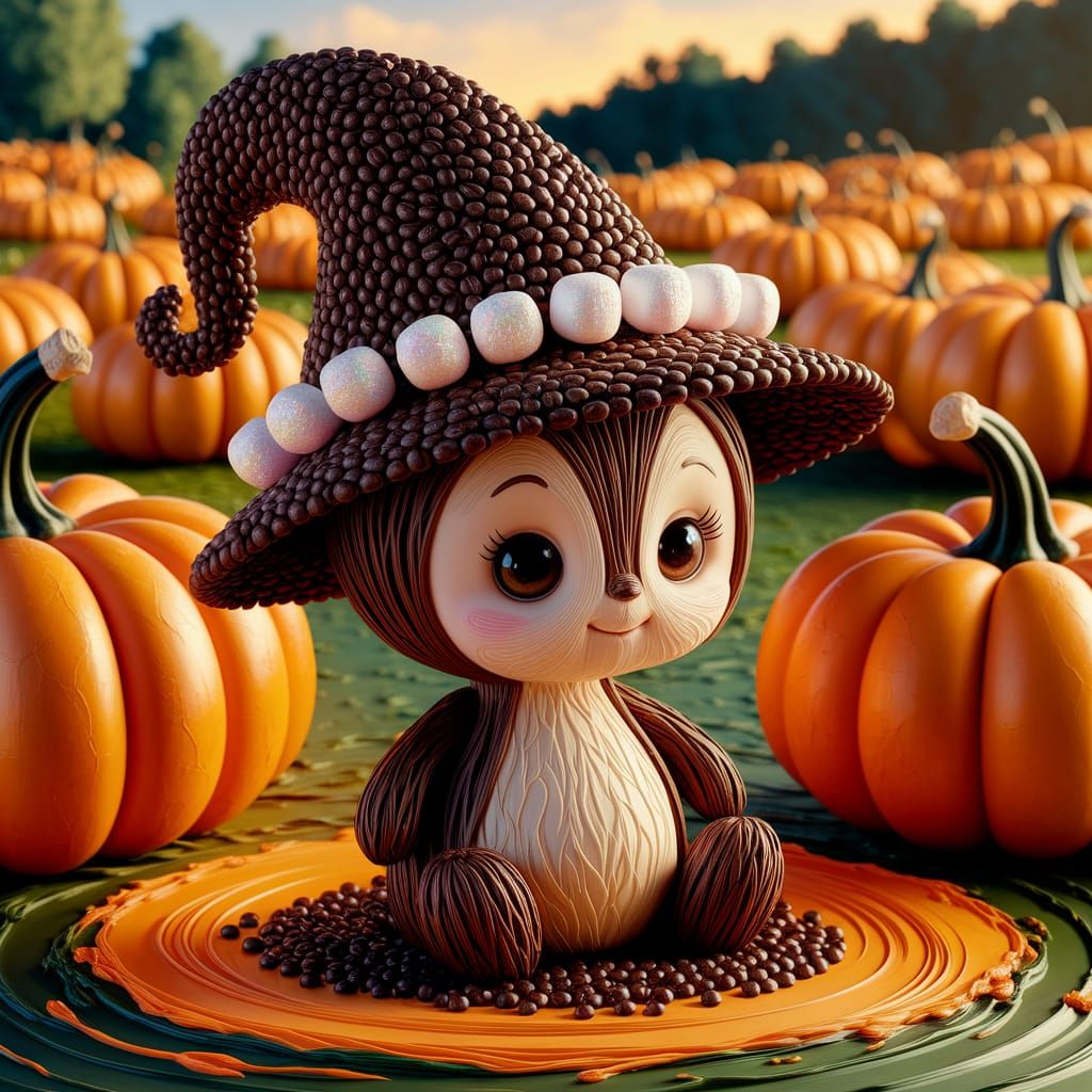 Whimsical Willow Wears Coffee Grain Hat in Harvest Landscape