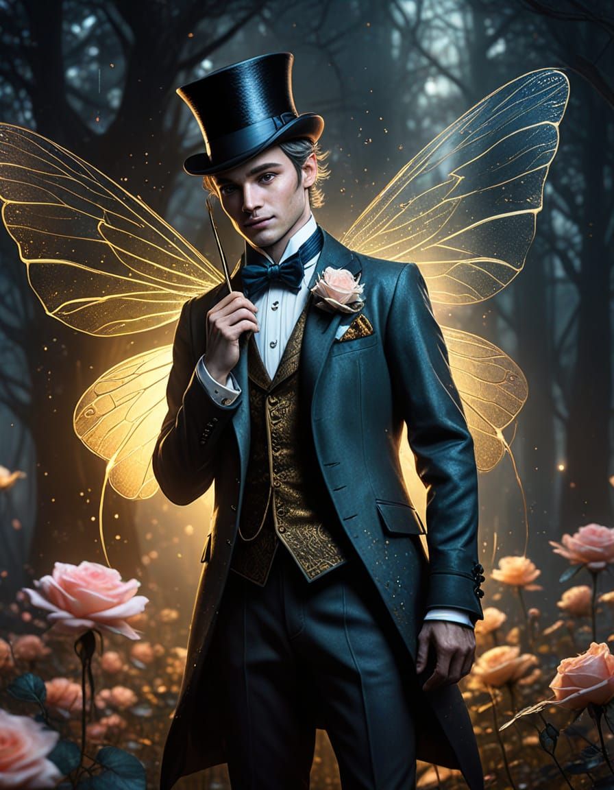 Ethereal Gentleman Fairy Amidst a Blooming Rose