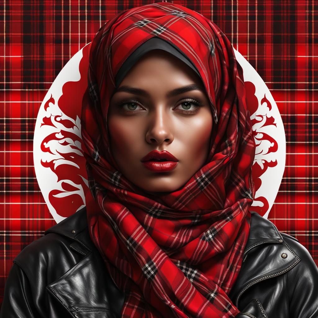 Red Tartan Hijab Girl in Plaid Bikini