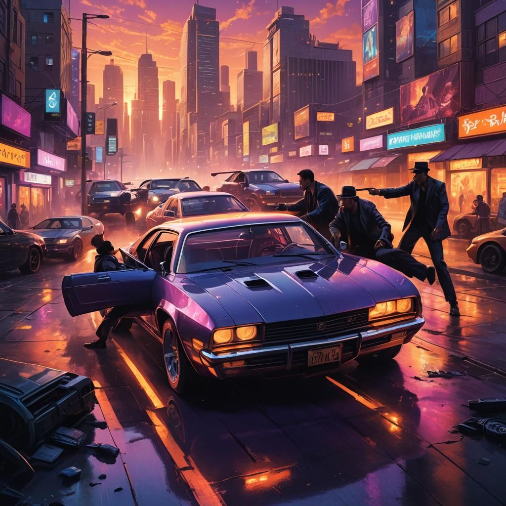 Gangsters Fight Over Car in Neon Cityscape