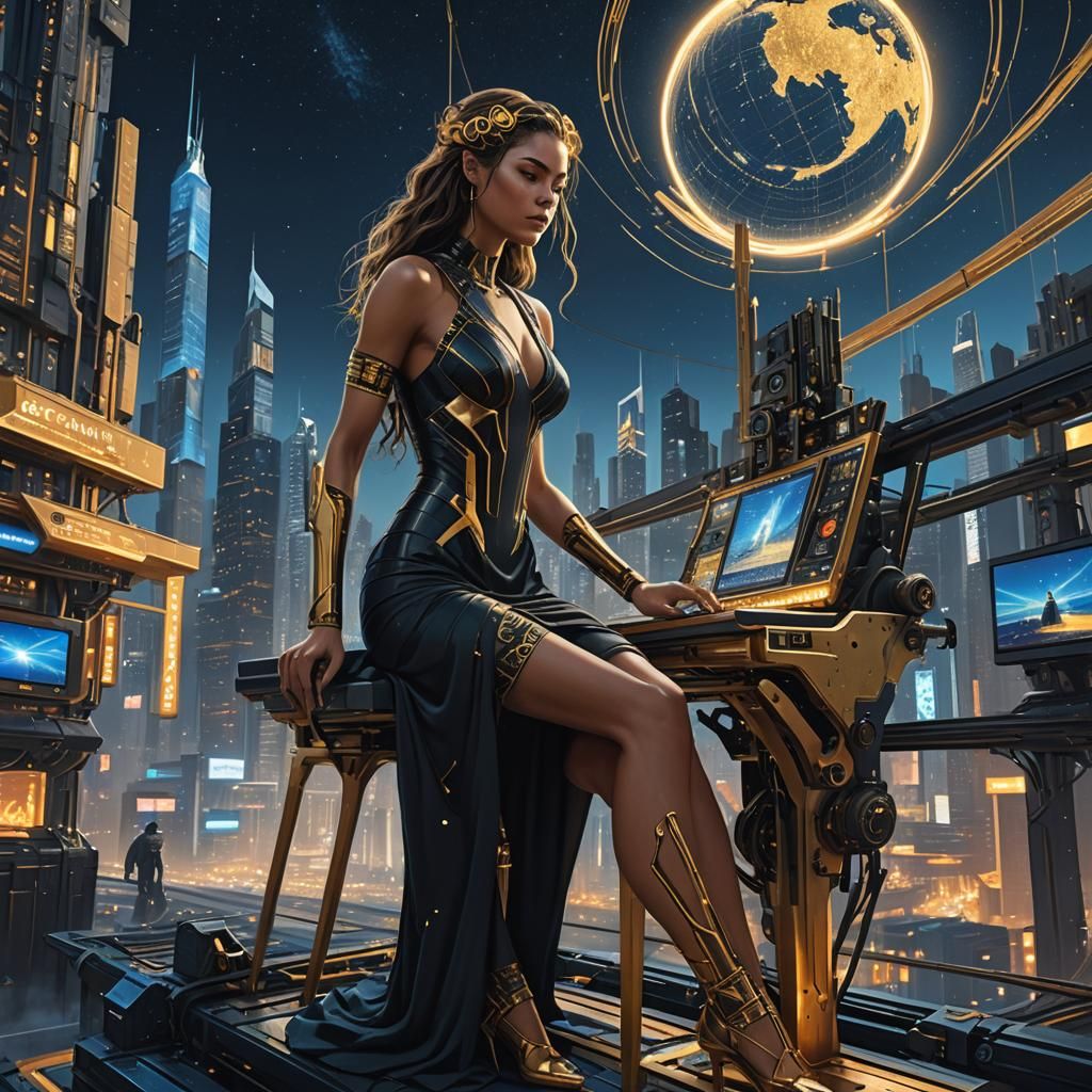 Goddess Weaving in Cyberpunk Cityscape