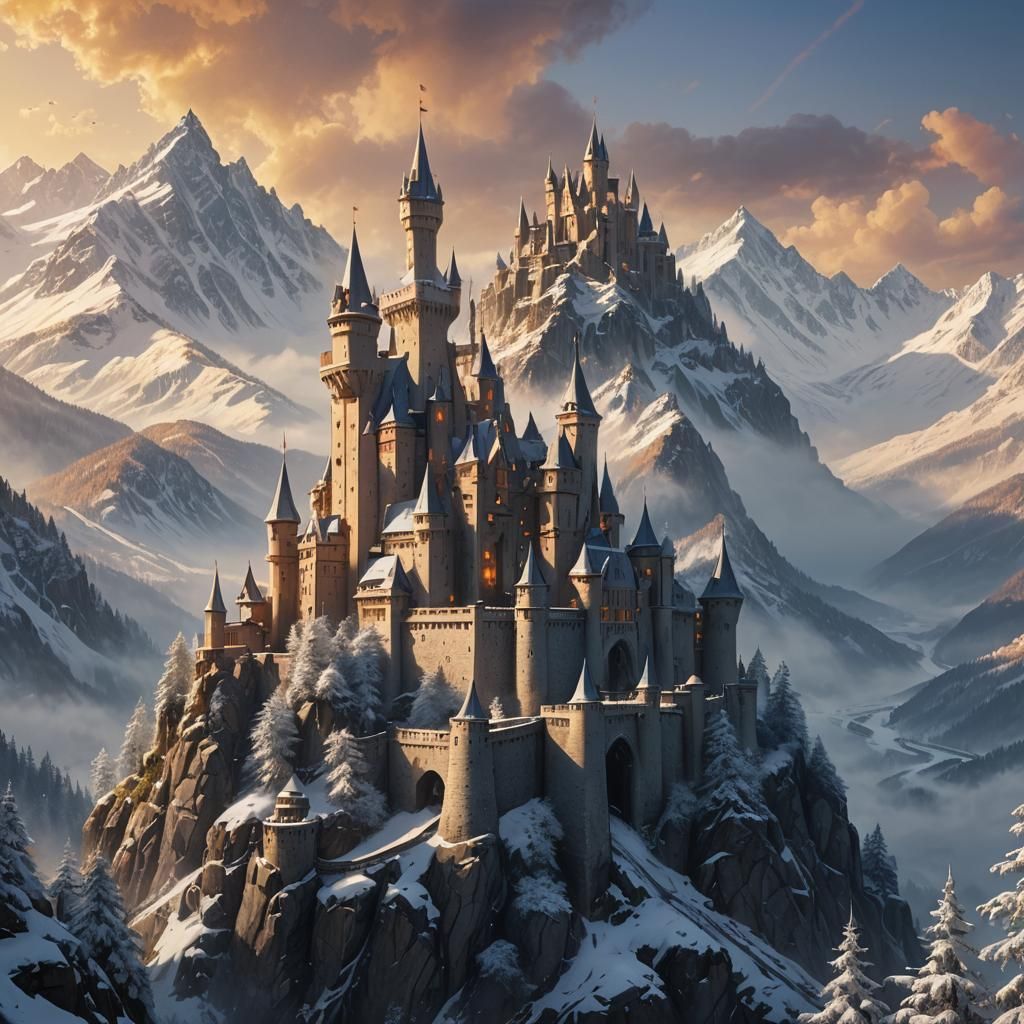 Majestic Snow Mountain Castle: Fantasy Concept Art