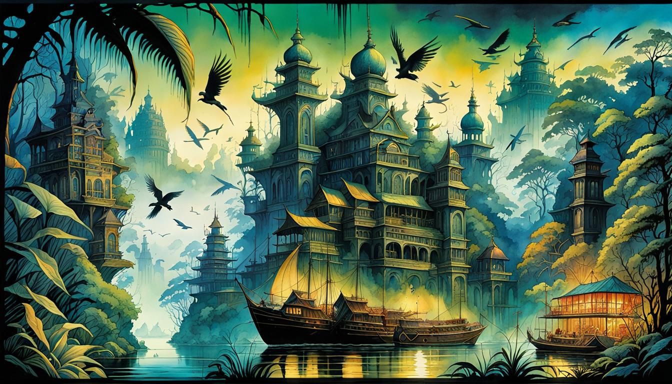 Dark Underwater Kingdom with Jungle Birds