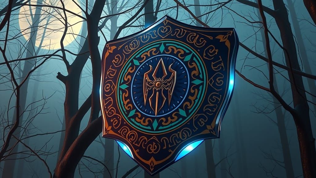 Luminescent Shield with Norse Mythological Symbols and Elder...