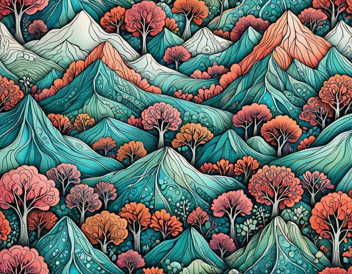 Whimsical Doodle Art Landscape with Swirling Patterns