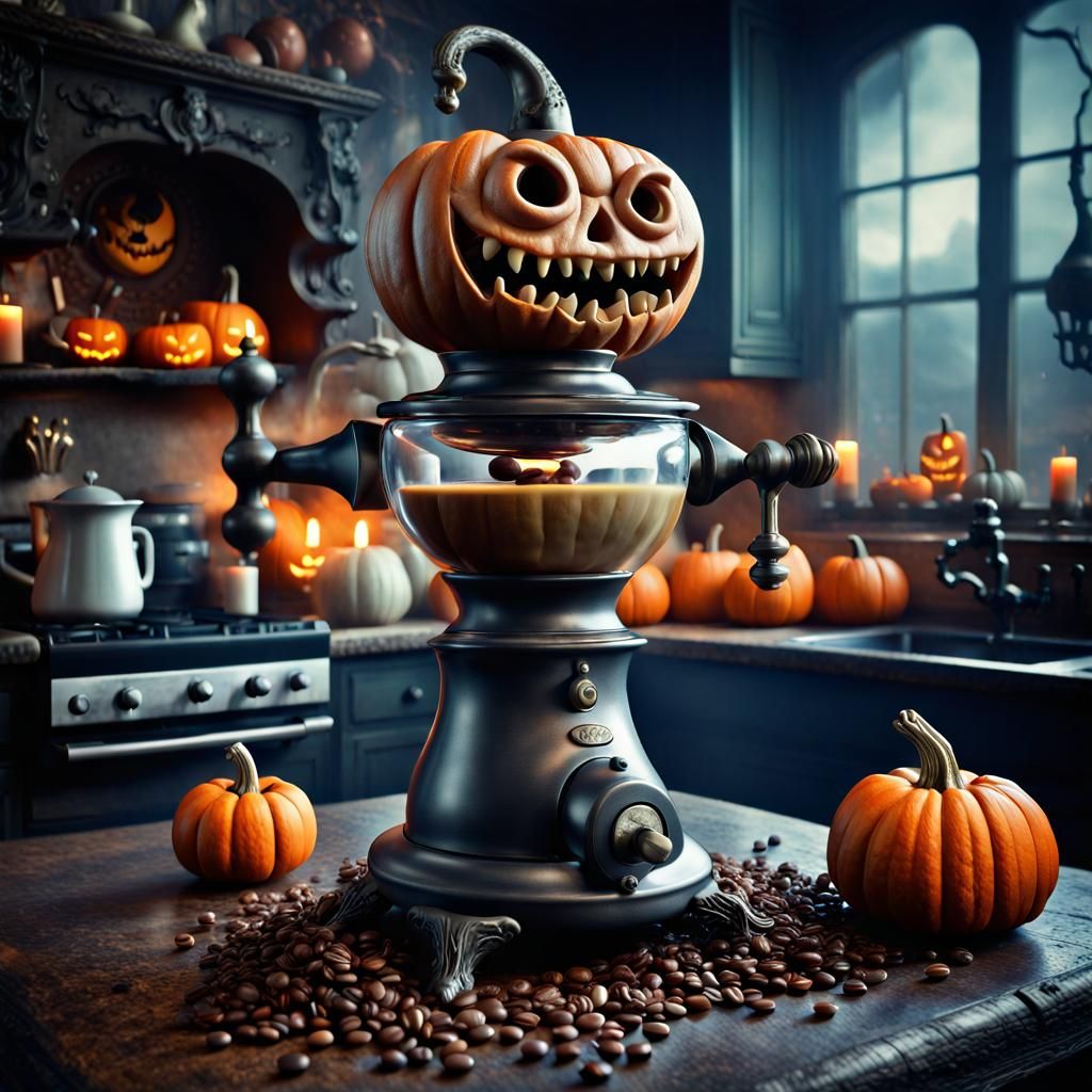 Halloween Monster Coffee Grinder in Surreal Kitchen