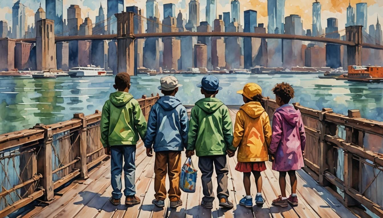 Children on Brooklyn Bridge, Monet-Style Watercolor