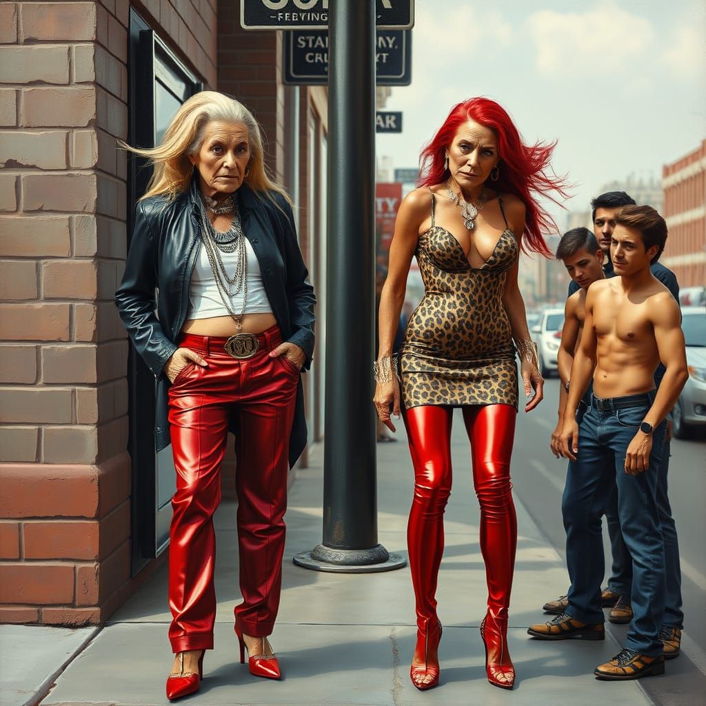 Elderly Cross-Dressers Posing on Street Corner as Oil Painti...