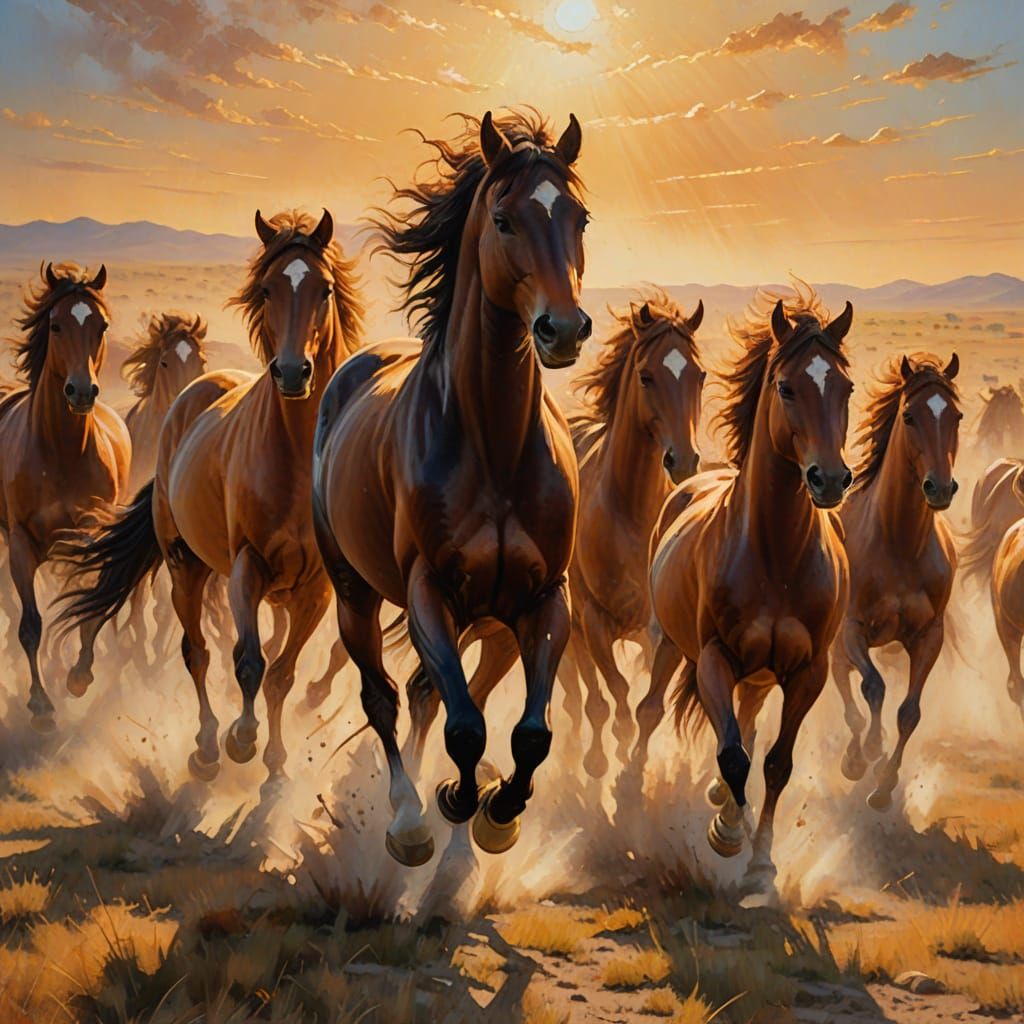 Wild Horses Galloping in Golden Hour Oil Painting